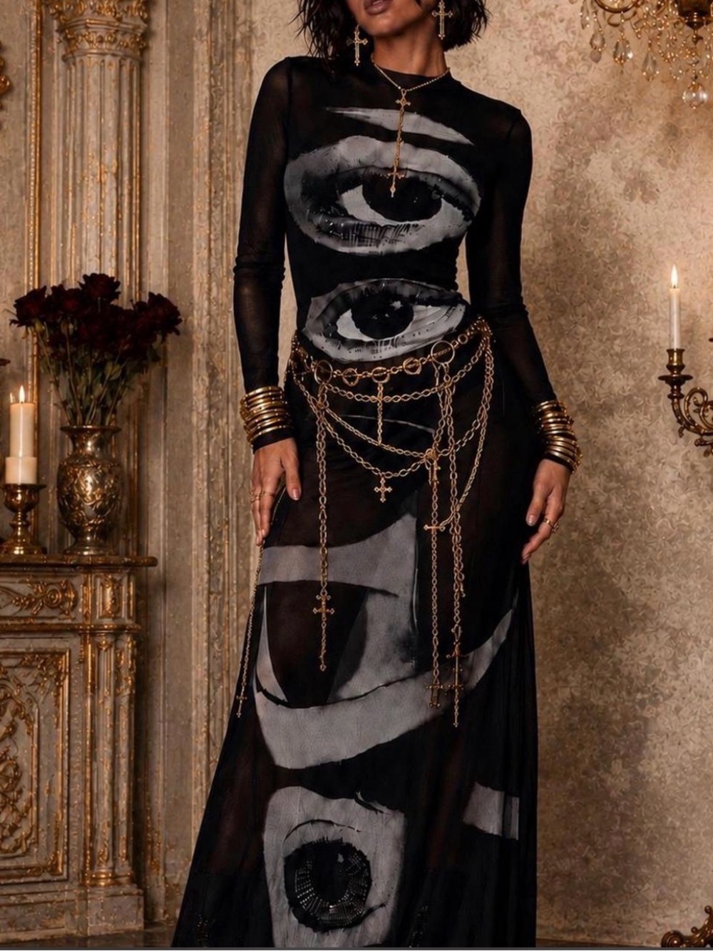 Long Sleeve Black Mesh Maxi Dress with Eye Motif